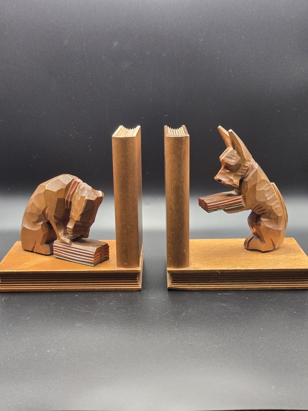 Hand-Carved Wooden Dog Bookends Made In Germany